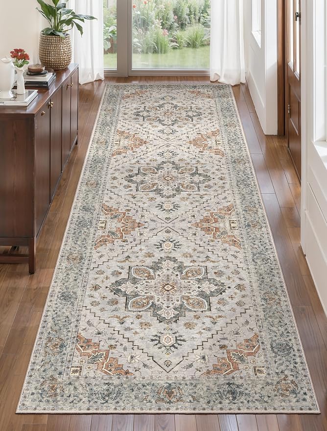 Tangsoo 2.6x8 Washable Runner Rug for Hallways, Non Slip Vintage Runner Rugs, Soft Low Pile Long Rugs Print Distressed Grey Carpet Runners for Kitchen Bedroom Entryway Bathroom Living Room