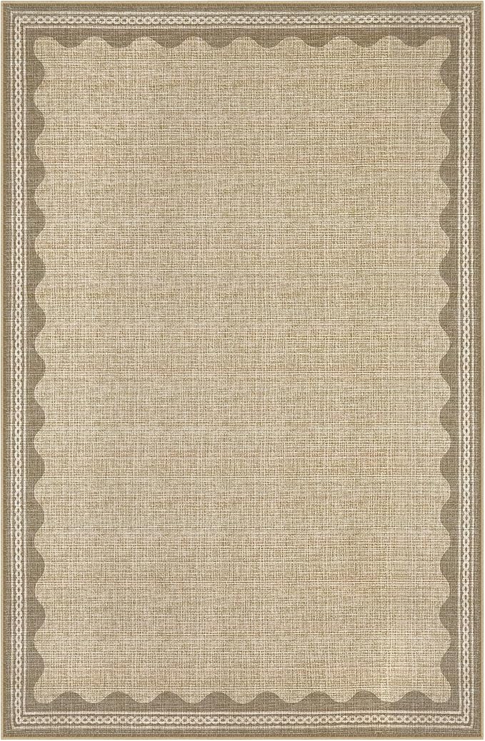 GarveeHome Scalloped Washable 8x10 Rug for Living Room Non-Slip Solid Tan Jute Digital Printing Modern Low-Pile Carpet 8 x 10 Rug for Bedroom Dining Nursery Mat with Rubber Back