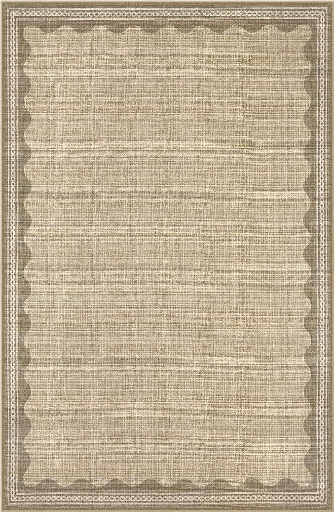GarveeHome Washable Rugs 5x7 Rug for Living Room, Scalloped 5 x 7 Rug Solid Tan Jute Digital Printing Modern Low-Pile Carpet for Bedroom Dining Nursery Non Slip Mat with Rubber Back
