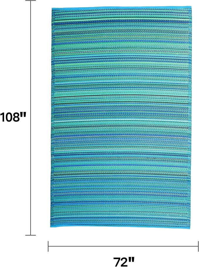 Fab Habitat Outdoor Rug - Waterproof, Fade Resistant, Crease-Free - Premium Recycled Plastic - Striped - Large Patio, Deck, Sunroom, Camping, RV - Cancun - Turquoise & Moss Green - 6 x 9 ft