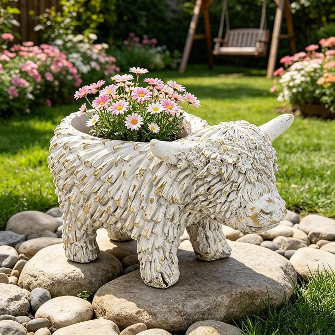Rustic Highland Cow Planter - Vintage Distressed White Resin Planter Pot Indoor&Outdoor Flower Pots for Garden Home Decor, Succulent, Herbs