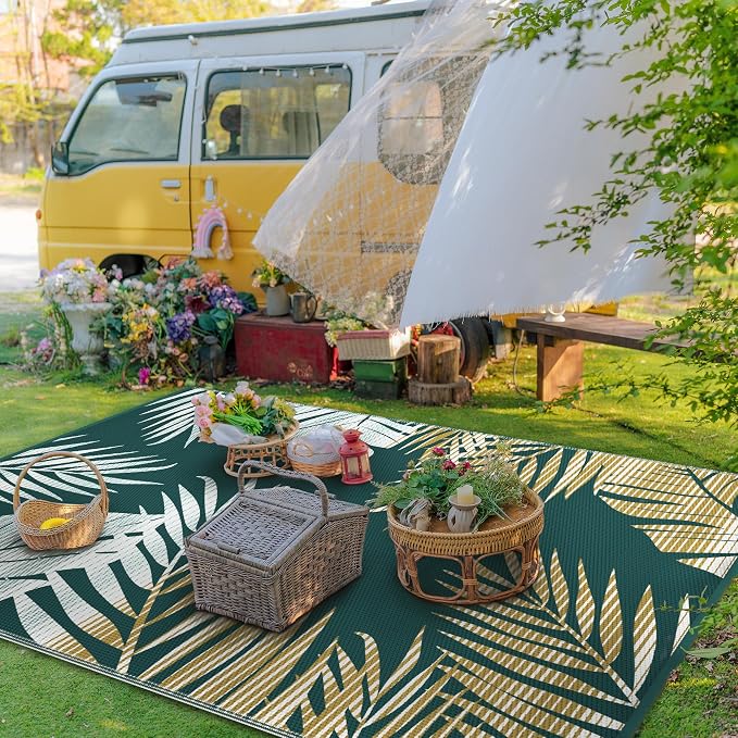 GENIMO Outdoor Rug 6' x 9' Waterproof for Patios Clearance, Reversible Outdoor Plastic Straw Camping Rug Carpet, Large Area Rugs Mats for RV, Deck, Balcony, Porch, Beach, Picnic, Cucumber Yellow&Green