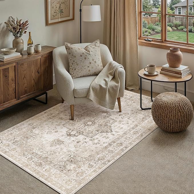 Taupe 3x4 Washable Area Rug Entryway Vintage Oriental Carpet | Soft Low Pile, Non Slip, Stain Resistant, Floral Medallion, Retro Indoor Decor for Bedroom, Dining Room, Kids Room, Office