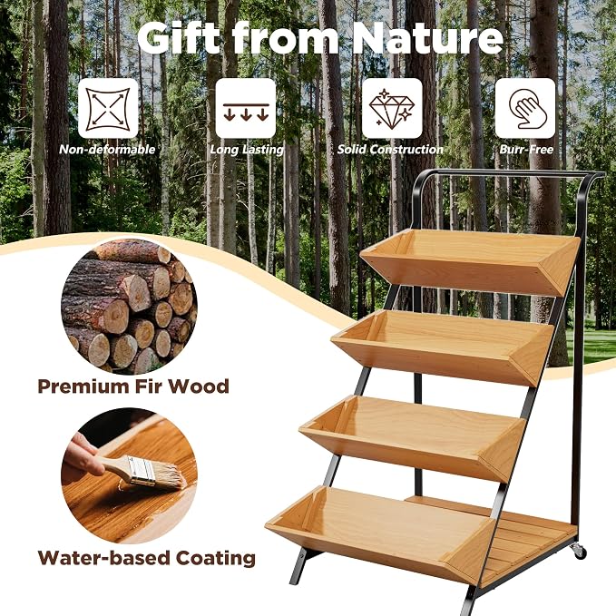 4-Tier Vertical Raised Garden Beds Indoor Outdoor Freestanding Tiered Planter Box with Metal Frame & Wheels for Herbs Vegetables Fruits Wooden Flower Display Stand for Patio, Balcony & Yard (Wood6)