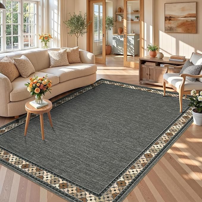 Garvee Large Area Rug 10x13 Rugs Tribal Border Washable Rug, Brown | Floral Border Area Rug Stain Resistant Easy Cleaning Throw Rugs Low Pile Floor Cover for Nursery Dining Room Apartment
