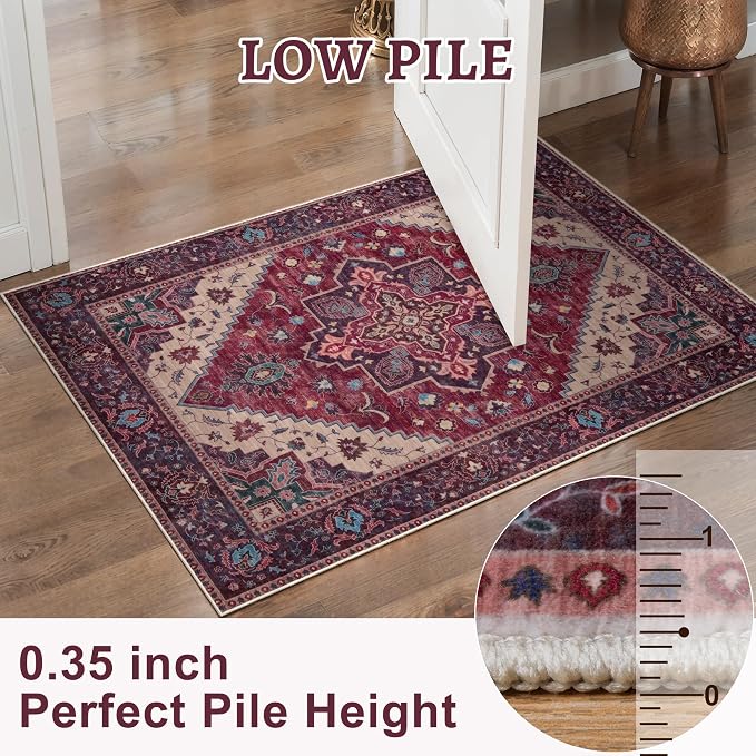 Tangsoo Oriental 4x6 Washable Area Rug for Living Room, Non Slip Rug | Vintage Machine Washable Large Rug Carpet, Boho Soft Low Pile Foldable Indoor 4x6 Rug for Dining Room Bedroom Burgundy