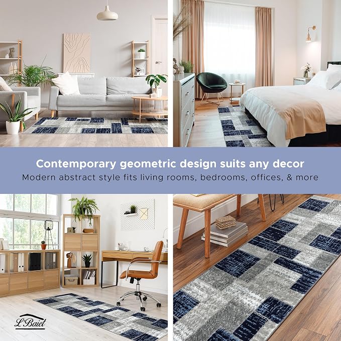 L'Baiet Verena Geometric Area Rug Blue Grey 2' x 6' Runner Throw Rugs Carpet for Living Room, Bedroom, Dining Table, Office, Hallway, Foyer | Neutral Colorful Modern Abstract Home Decor