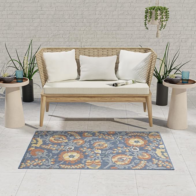 Nourison Home Aloha Blue Rose 2'8" x 4' Area Rug - Easy Clean, Non Shedding, Bed Room, Living Room, Dining Room, Kitchen (3' x 4')