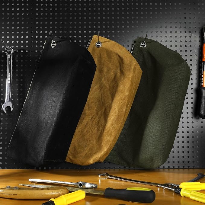 Canvas Tool Pouch Set, 16OZ Waxed Canvas Tool Storage Bags, Standable One-Piece Tool Organization Pouch - 3 Color Pouches with Brass Zipper & Grommet - Large - 15.5" x 7.5"