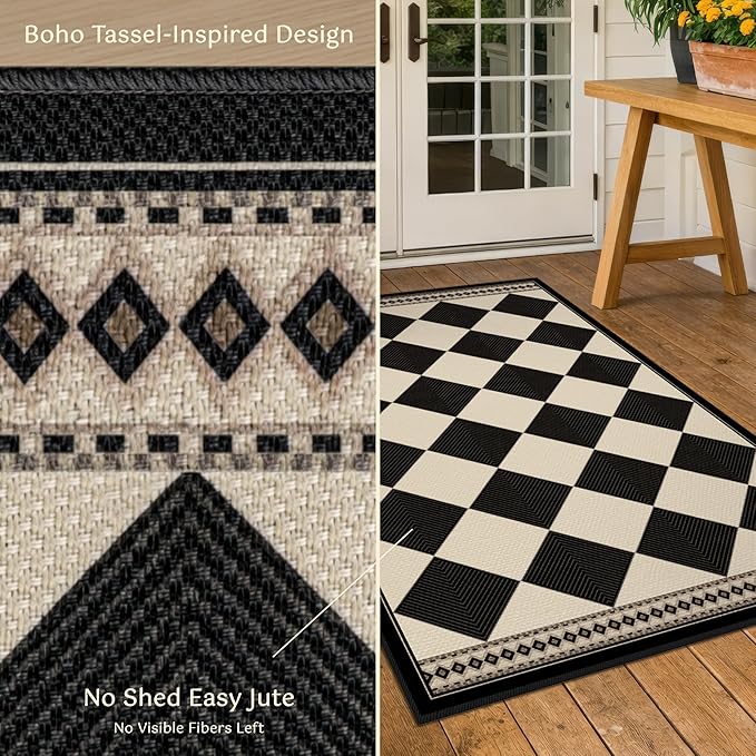 Black and White Diamond 4x6 Easy Jute Area Rug for Porch Patio, Washable Checkered Outdoor Indoor Doormat, Non-Slip Low-Pile Geometric Front Porch Rug, Farmhouse Boho Entryway Carpet for Kitchen