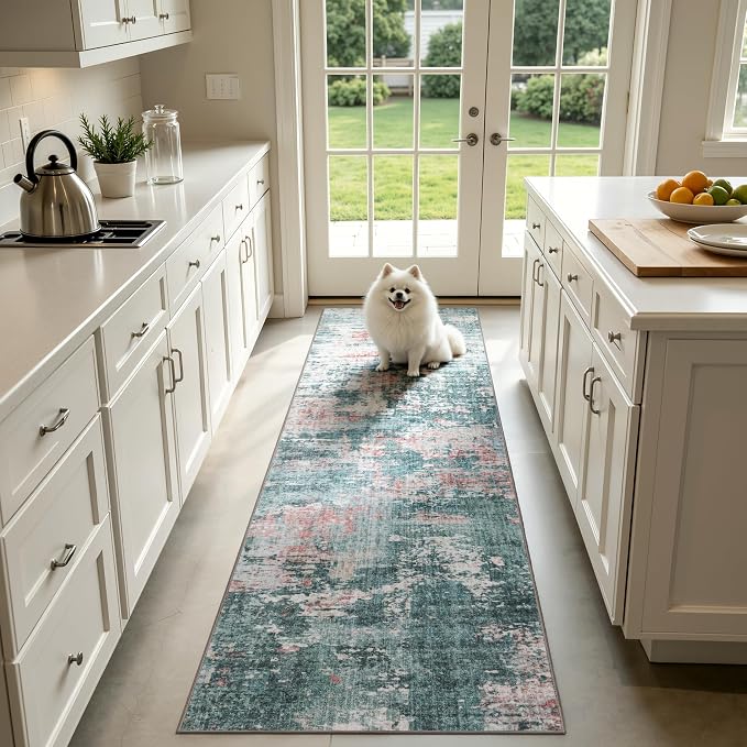 Sasttie 2x10 Runner Rug, Modern Abstract Hallway Carpet, Pink & Green | Machine Washable, Ultra-Soft Faux Wool, Low Pile, Non-Slip, Thin, for Entrance, Entryway, Kitchen & Laundry Room
