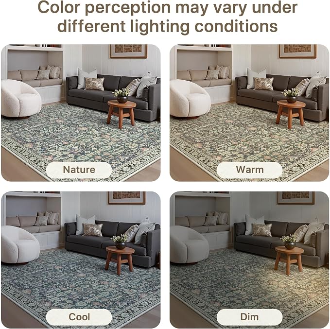 2x10 Kitchen Runner Rug, Washable Non Slip, Green/Blue | Vintage Floral Design, Spill Resistant Lightweight Low Pile Carpet for Hallway, Bedroom, Laundry Room, Bathroom