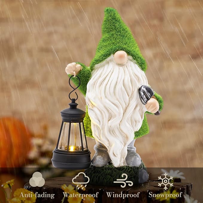 TERESA'S COLLECTIONS Garden Gnomes Outdoor, Green Resin Solar Gnome Decorations for Yard Patio Porch Outside, Gnome Gifts for Mom and Women,12"