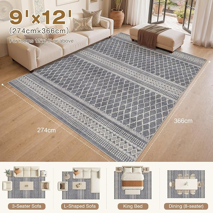 cotiled Boho 9x12 Area Rug for Living Room: Large Moroccan Washable Rug | Solve Modern Neutral Trendy Home Decor - Stain Resistan Carpet for Bedroom Farmhouse Dining Room