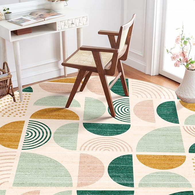 Round Rugs 6ft,Circle Area Rug Washable Non Slip Modern Abstract | Large Circular Rugs for Living Room Dining Room Boho Throw Carpet Soft Low Pile Floor Indoor Bohemian Sage Green