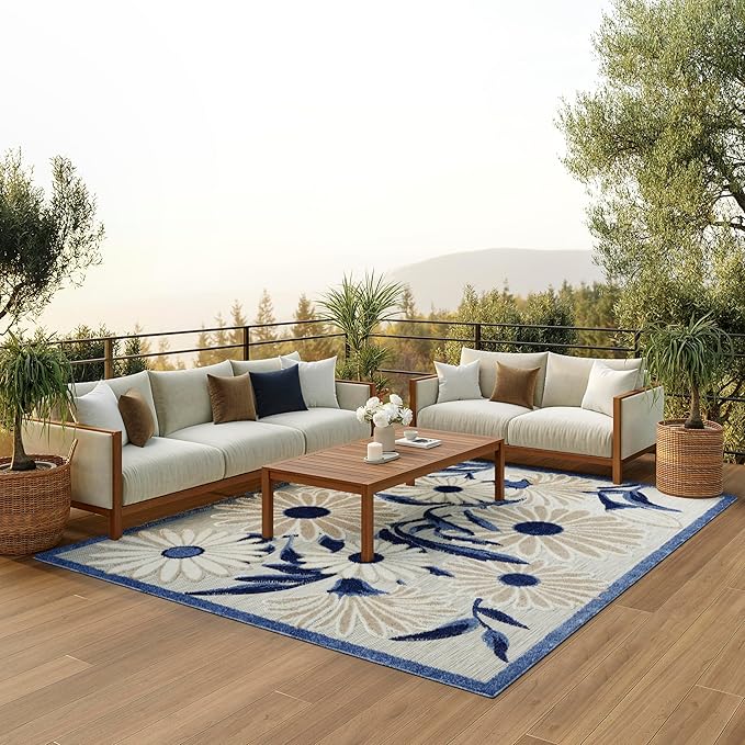 Nourison Home Aloha Blue Grey 7'10" x 10'6" Area Rug - Easy Clean, Non Shedding, Bed Room, Living Room, Dining Room, Kitchen (8' x 11')
