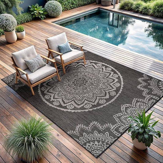 CAMILSON Outdoor Rug 6x9 Modern Area Rugs for Indoor and Outdoor Patios and Porches - Waterproof Washable Non-Shedding Easy-to-Clean Outside Carpet (6 x 9, Medallion - Dark Grey/Light Grey)