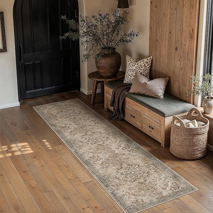 Brown Runner Rug 2x8 Kitchen Vintage Floral Non-Slip Carpet | Machine Washable, Soft, Low Pile, Distressed, for Hallway, Entryway, Laundry Room, Bathroom, Retro Farmhouse Decor