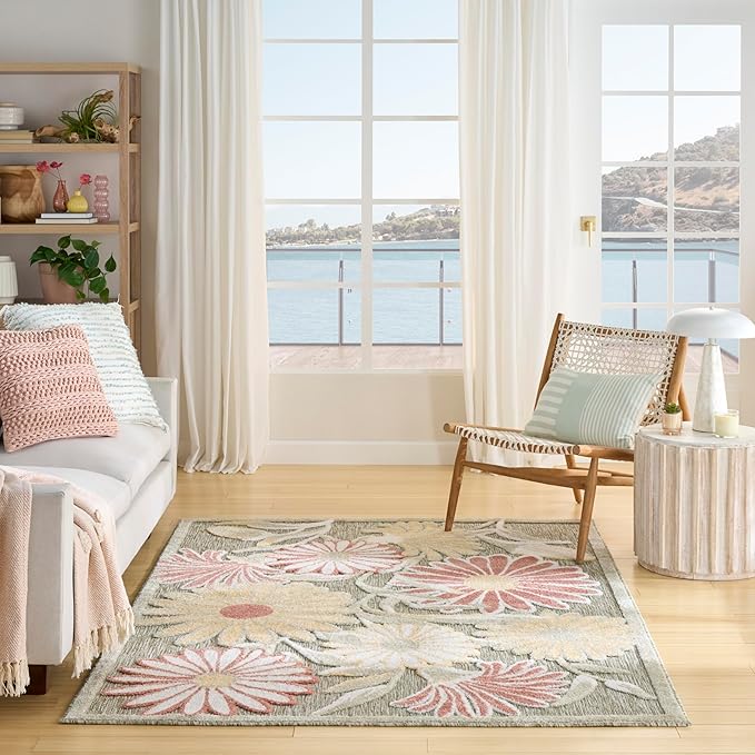 Nourison Home Aloha Sage Rose 3'6" x 5'6" Area Rug - Easy Clean, Non Shedding, Bed Room, Living Room, Dining Room, Kitchen (4' x 6')