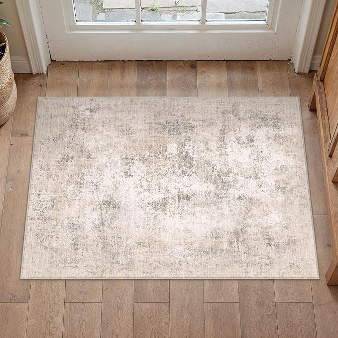 2x3 Beige Modern Abstract Washable Area Rug for Entryway | Low Pile, Non Slip, Modern Abstract Style, Soft Indoor Rug for Entryway, Kitchen, Bathroom, Door Mat, Home Decor
