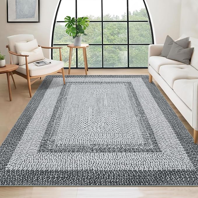RUGSREAL Washable Rug 5x7 Modern Geometric Living Room Bedroom Rugs | Throw Floor Cover Braided Print Dining Room Rugs Non Slip Farmhouse Rustic Carpet for Nursery Kitchen Dining Room, Grey