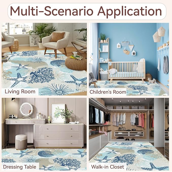 Coastal Starfish Area Rugs for Living Room 5x7,Beach Coral Seashell Bedroom Rug Washable Non-Slip Soft Floor Big Carpets for Dining Room Nursery,Kids Home Decor Aesthetic