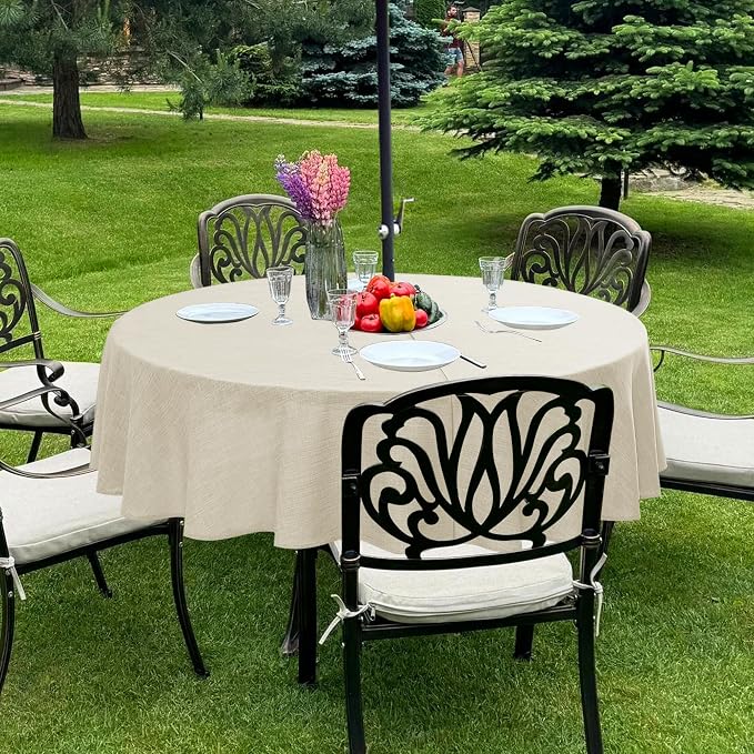 LUSHVIDA Outdoor Tablecloth with Umbrella Hole - Patio Table Cloth Zippered Round 60 Inch, Beige Linen-Look Polyester Table Cover Water Resistant for Picnic Outside
