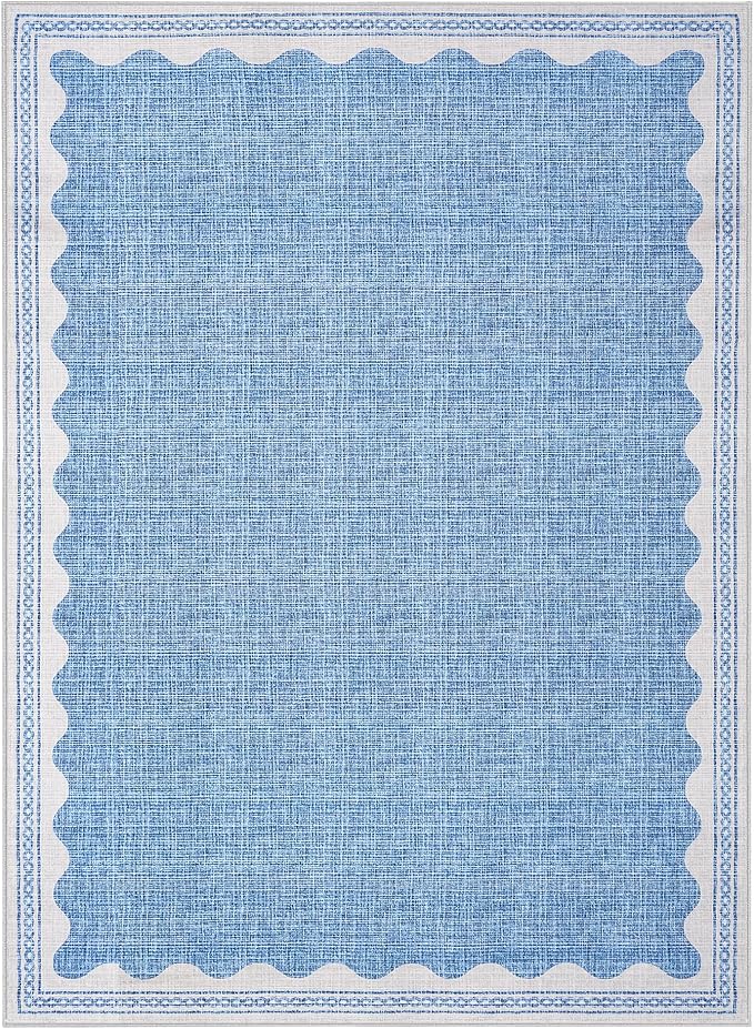 GarveeHome Scalloped Blue Washable Rugs 10x13 Rug for Living Room Non-Slip Solid Modern Minimalism Low-Pile Carpet 10 x 13 Rug for Bedroom Dining Nursery Rug