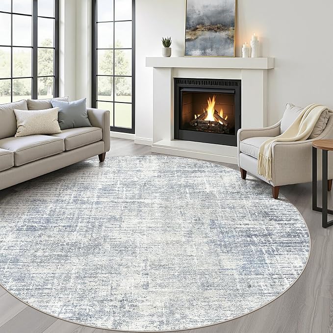 LOONGRUG Round Rug 7x7 Washable Neutral Modern Rug for Living Room Blue | Circle Large Abstract Soft Stain Resistant Indoor Non-Slip Carpet for Bedroom Nursery Kids Office Playroom Dining Room