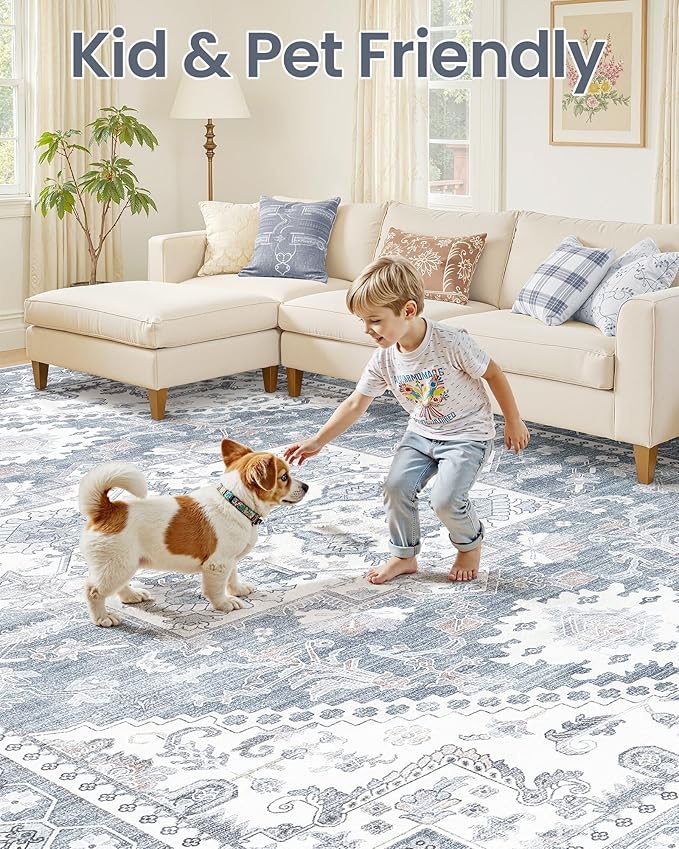 Washable Area Rug-10X12 Vintage Neutral Soft Blue | Non Slip Thin Foldable Large Floor Carpet for Living Room Bedroom Kitchen Dining Room Home Office Farmhouse Indoor