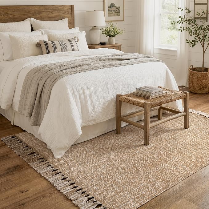 4' x 6' Hand Woven Bedroom Area Rug, Boho Indoor Outdoor Rugs | Tan Modern Farmhouse Living Room Rug, Comfy Jute Bedside Mats, Reversible Braided Dining Room Carpet for Nursery Room Patio