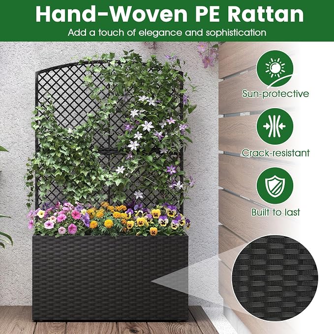 HAPPYGRILL Raised Garden Bed with Trellis, 49" Wicker Planter Box w/Privacy Screen, Liner, Drainage for Patio Balcony, Outdoor PE Rattan Elevated Garden Bed for Climbing Plant Vine Flower (Black,2)