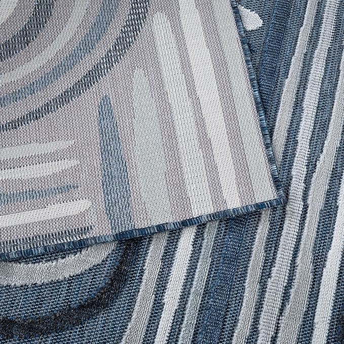CAMILSON Indoor Outdoor Rug, Navy Blue 9x12 Geometric Arch Striped Large Area Rugs for Patio and Home Areas, Easy-Cleaning Non-Shedding Living Room, Garden and Deck Washable Outside Carpet (9 x 12)