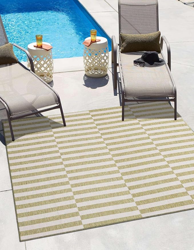 Unique Loom Outdoor Striped Collection Area Rug - Striped (10' Square Green/Ivory)
