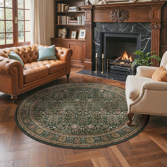 6ft Round Area Rug 6x6, Washable Non Slip, Dark Green Brown | Vintage Floral, Spill Resistant, Lightweight Low Pile Non-Shedding Carpet for Bedroom, Nursery and Dining Room