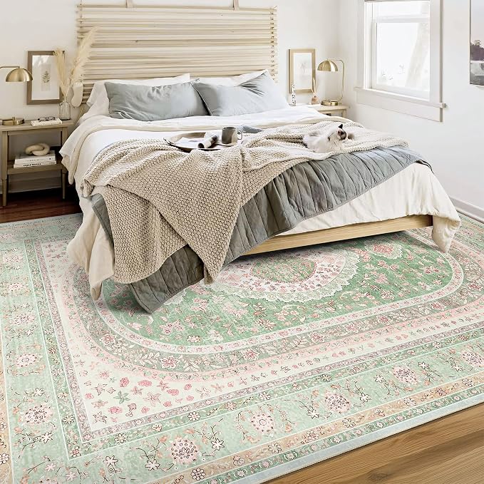 6x9 Area Rugs Washable,Large Green Rug for Living Room Bedroom | Boho Vintage Bohemian Distressed Oriental Carpet Non Slip,Sage Blush Floral