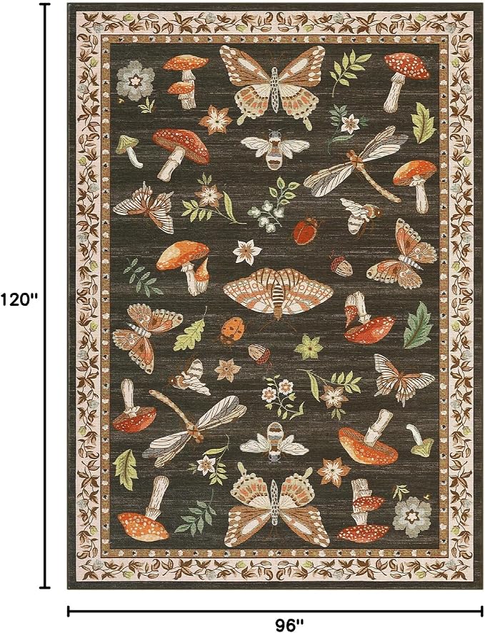 Mushroom 8x10 Rug for Living Room Non Slip Washable 8 X 10 Rug for Bedroom with Rubber Back Soft Low-Pile Stain Resistant Foldable Large Carpet for Office Nursery Dining Room Brown