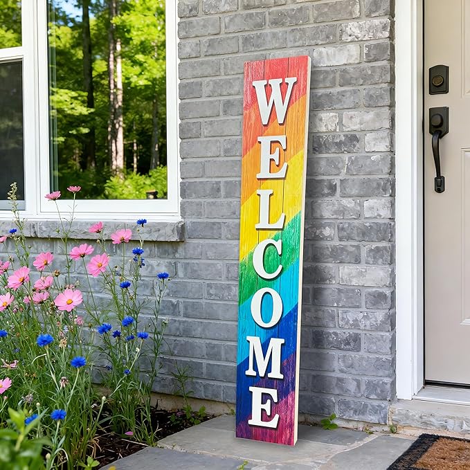 Vertical Wood Welcome Sign for Front Porch Vertical Decorative Sign Front Door Outdoor Indoor Welcome Sign 47.2x7.8 Inch Large Farmhouse Style(Rainbow)