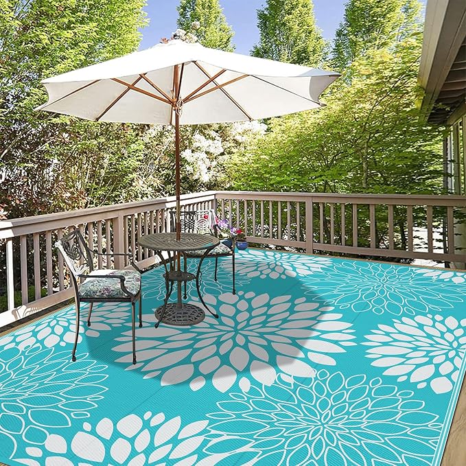 Ileading Waterproof Outdoor Rug 8x10, Reversible Plastic Straw Patio Rug, Portable Indoor Outdoor RV Camping Mat Carpet for Deck, Porch, Balcony, Backyard, Picnic, Floral Teal