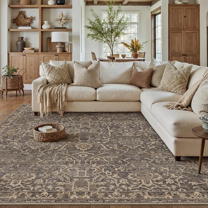 8x10 Brown Vintage Floral Washable Area Rug for Living Room | Low Pile, Non Slip, Retro Style, Soft Distressed Indoor Rug for Bedroom, Dining Room, Kitchen, Entrance, Home Decor