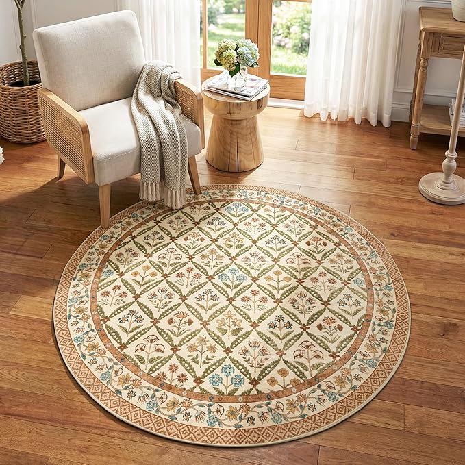 jinchan Round Rug 5ft Vintage Floral Washable Circle Area Rug, Terracotta | Soft & Lightweight, Checkered Floral, Low Pile, Non Slip, Bedroom, Living Room, Entryway, Girls Room, Reading Nook