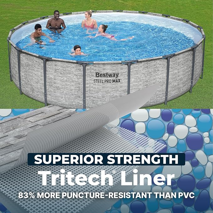 Bestway Steel Pro MAX 18' x 48" Above Ground Swimming Pool Set with Pump | Durable Round Metal Frame Outdoor Backyard Pool, Puncture-Resistant Liner - Ladder and Cover Included, Stacked Stone Print