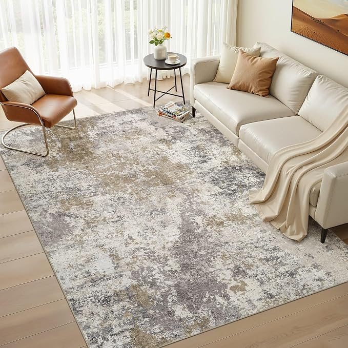 Nakagishi 5X7 Abstract Washable Area Rugs for Living Room-Brown Grey | Modern Non-Slip Silicone Backing Low Pile Soft Carpet for Bedroom Dining Decor for Families with Kids and Pets