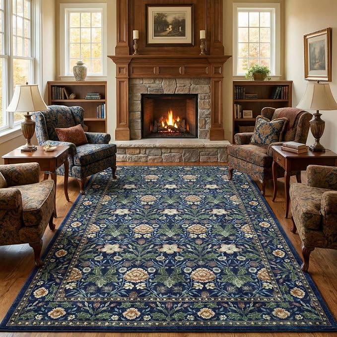 GarveeHome Washable Area Rug 6x9, Soft Vintage Floral Bedroom Rug Non Slip Low Pile Forest Green Carpet Stain Resistant Retro Navy Throw Rug for Bedside Kids Room Office Dining Room
