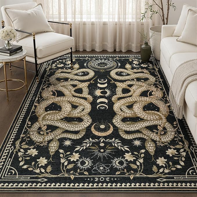 DCX 4x6 Washable Snake Rug for Living Room, Non Slip Low Pile Rug, Black | Rugs for living rooms, bedroom, dining room, office, soft, gothic rug, sain resistant indoor carpet, home decor