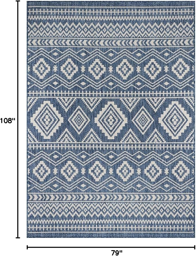 Beverly Rug Waikiki Boho Indoor Outdoor Rug 6x9, Washable Outside Carpet for Patio, Deck, Porch, Bohemian Area Rug, Farmhouse Rugs, Aztec Tribal Rug, Azure and White
