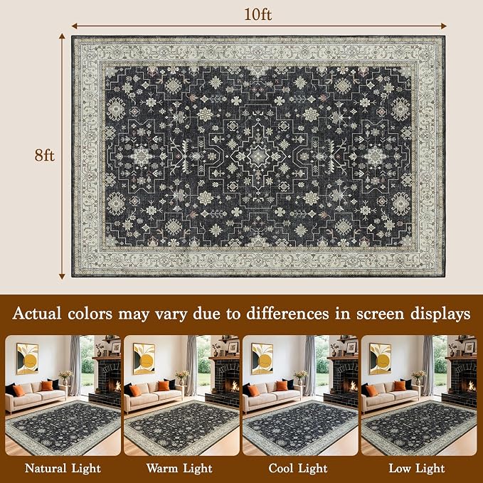 LBRO2M Machine Washable Rug Soft Pet Friendly Carpet 8X10 Black | Vintage Rug 8X10 for Living Room, Bedroom, Dining Room, Home Office, Non Slip Carpet, Foldable Stain Resistant Rugs
