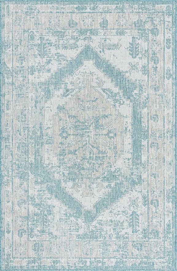 Unique Loom Outdoor Traditional Collection Area Rug - Valeria (5' 3" x 7' 10" Rectangle, Aqua/ Ivory)