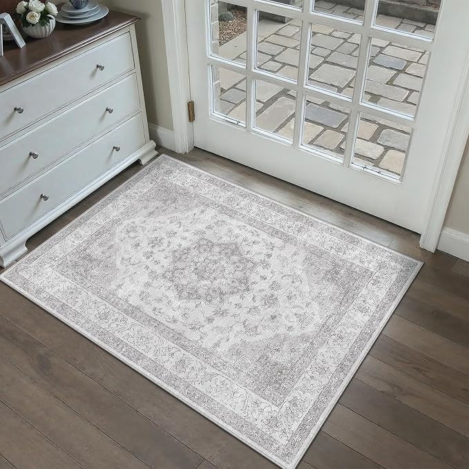 Grey 2x3 Washable Area Rug Entryway Vintage Oriental Doormat | Soft Low Pile, Non Slip, Stain Resistant, Floral Medallion, Neutral Retro Decor for Kitchen, Bathroom, Bedroom, Office