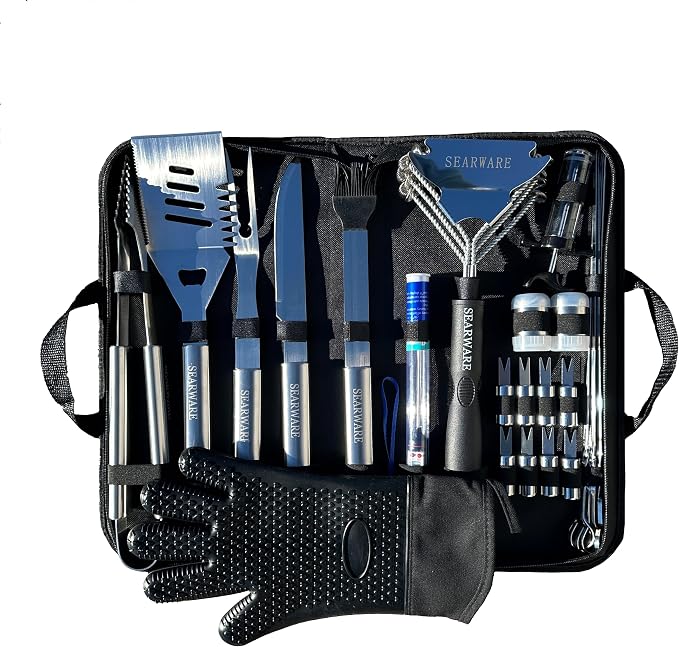 Barbecue Grill Tool Set - Stainless Steel - Strong Durable Design - Heat Resistant Glove & Bristle Free Grill Brush - Thermometer, Meat Injector, & Corn Skewers - Perfect For Smokers & Grills